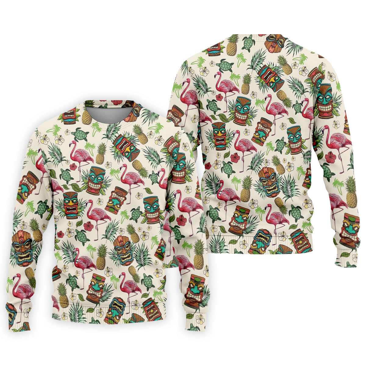 Tiki Masks, Flamingo and Island Paradise Pattern Design Hawaiian Golf Polo, Golf Tops For Men, Golfing Apparel