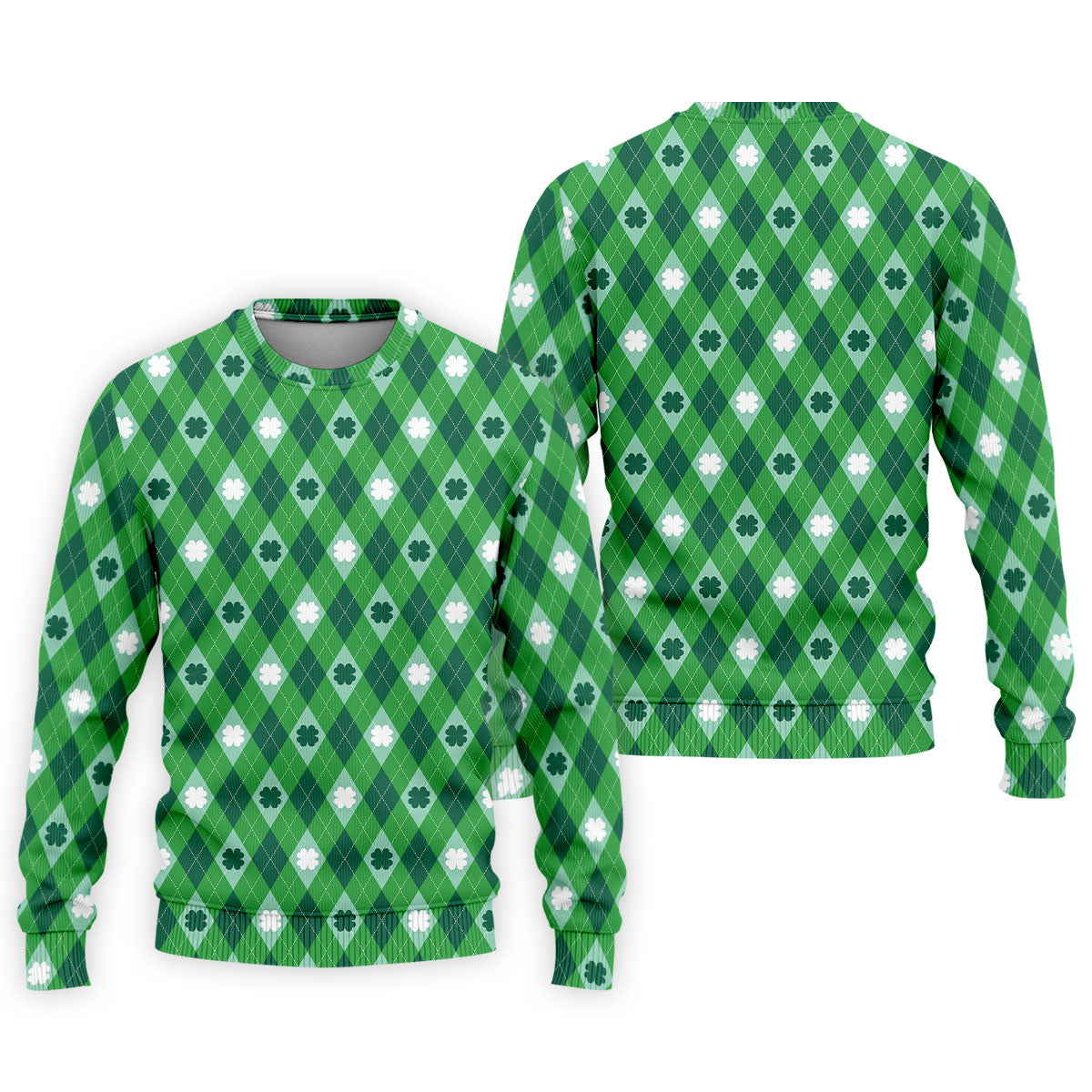 Green And White Lucky Four Leaf Clover Argyle Pattern St Patrick's Day Golf Shirt, Polo Shirts For Men