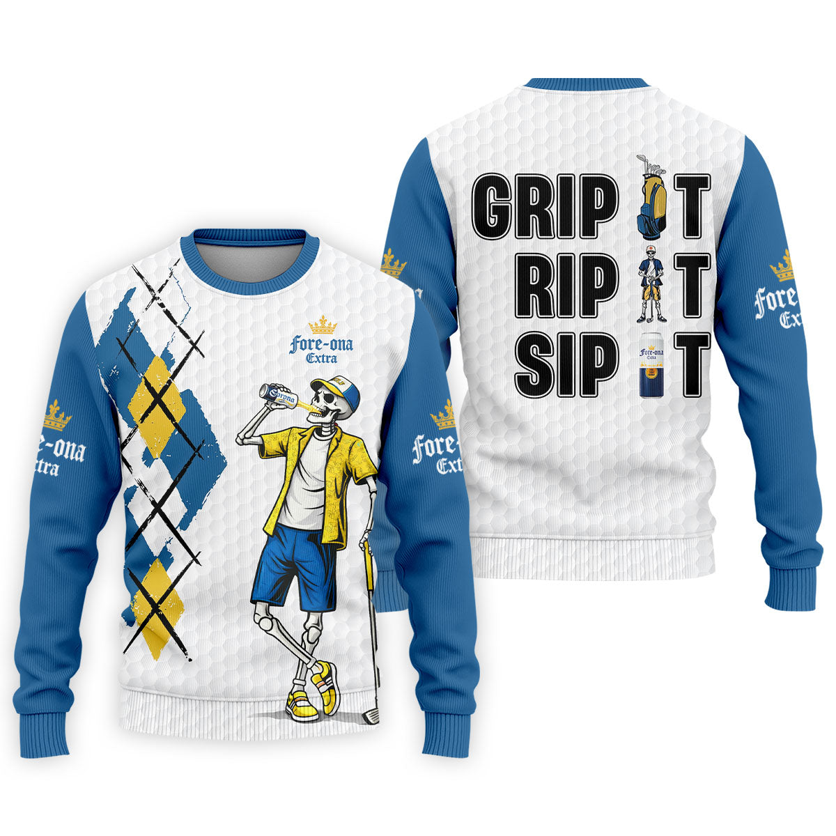 Fore-Ona Extra Blue Yellow Skeleton Golfer Beer Polo Shirt, Mens Golf Polo, Golf Apparel For Men