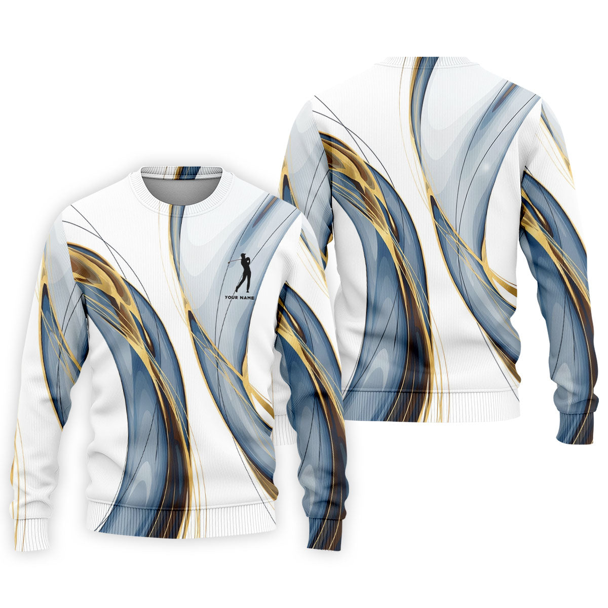 Elegant Blue Gray and Gold Swirl Pattern Hawaiian Golf Polo, Golf Tops For Men, Golfing Apparel