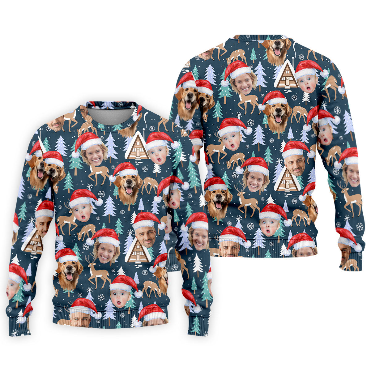 Custom Face Pine Tree Reindeer Dark Teal Green Christmas Golf Shirt, Golf Shirts For Men, Golf Gift For Men