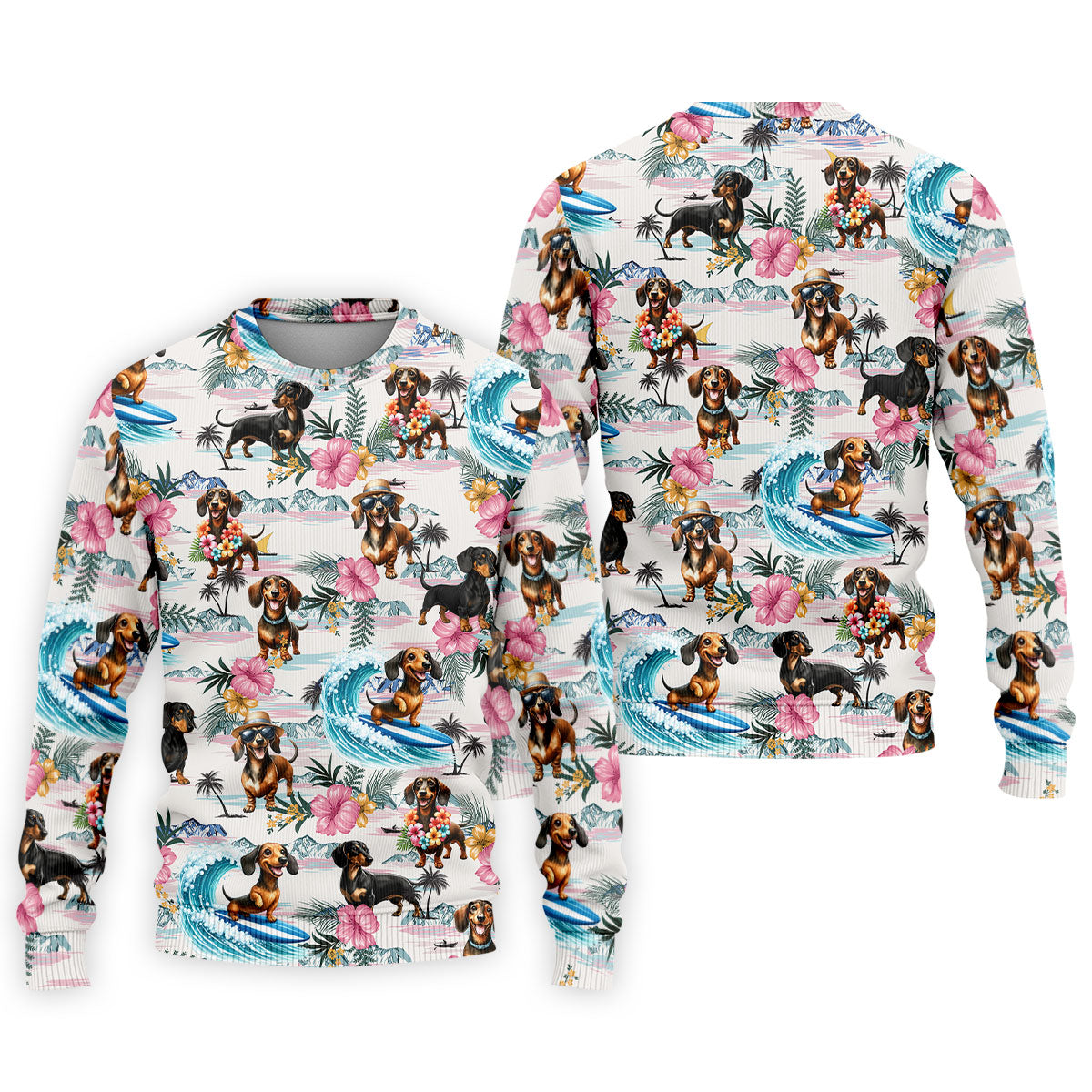 Cartoon Dachshund Tropical Theme Hawaiian Golf Shirt, Men's Golf Shirt, Polo Shirts For Men