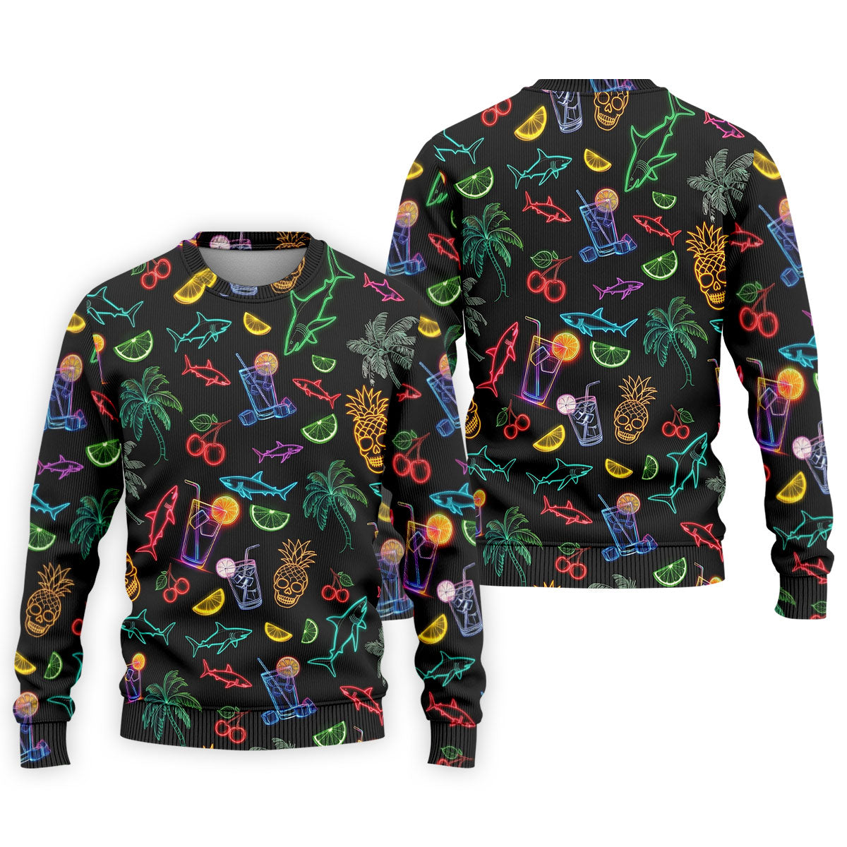 Neon Shark And Cocktail Pattern Hawaiian Golf Shirt, Men's Golf Shirt, Polo Shirts For Men