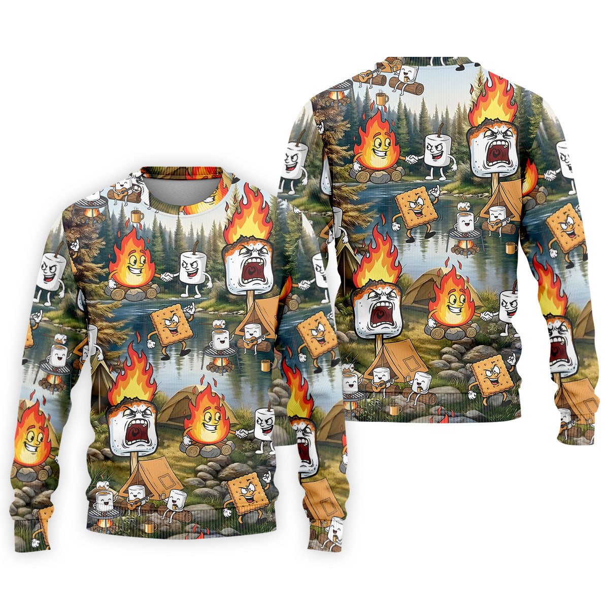 Cartoon Marshmallow, Graham Cracker and Campfire Characters Lake Camping Hawaiian Golf Polo, Golf Tops For Men, Golfing Apparel