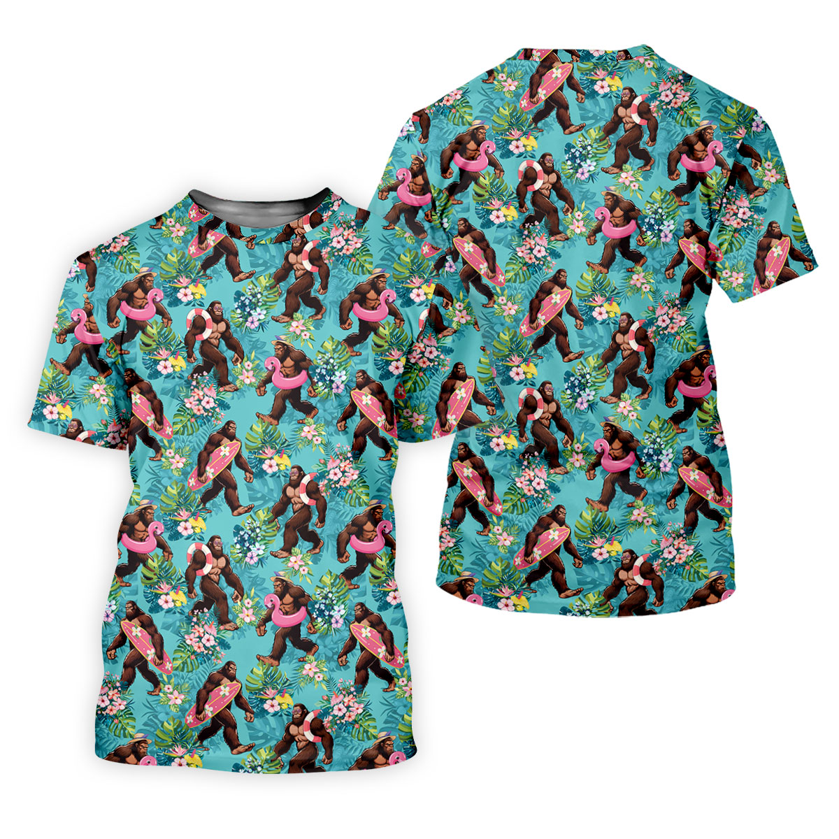 Aqua Blue Bigfoot Beach Party Hawaiian Golf Shirt, Women's Golf Tops, Ladies Golf Shirts