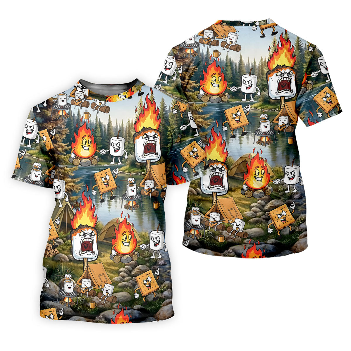 Cartoon Marshmallow, Graham Cracker and Campfire Characters Lake Camping Hawaiian Golf Polo, Golf Tops For Men, Golfing Apparel
