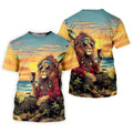 Tropical Lion Sunset Teal Hawaiian Golf Polo, Golf Tops For Men, Golfing Apparel