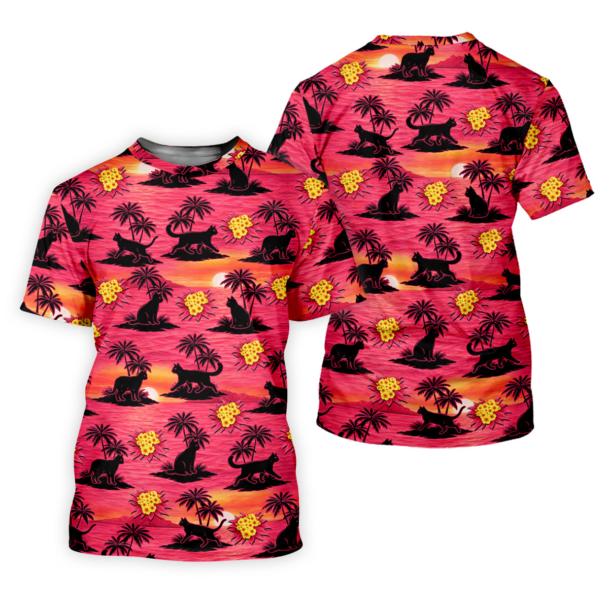 Tropical Cat Sunset Pattern Hawaiian Golf Polo, Golf Tops For Women, Golfing Apparel