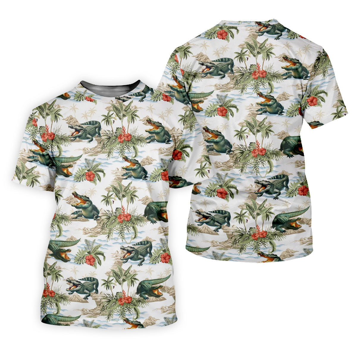 Tropical Coastal Alligator and Hibiscus Pattern Hawaiian Golf Polo, Golf Tops For Men, Golfing Apparel