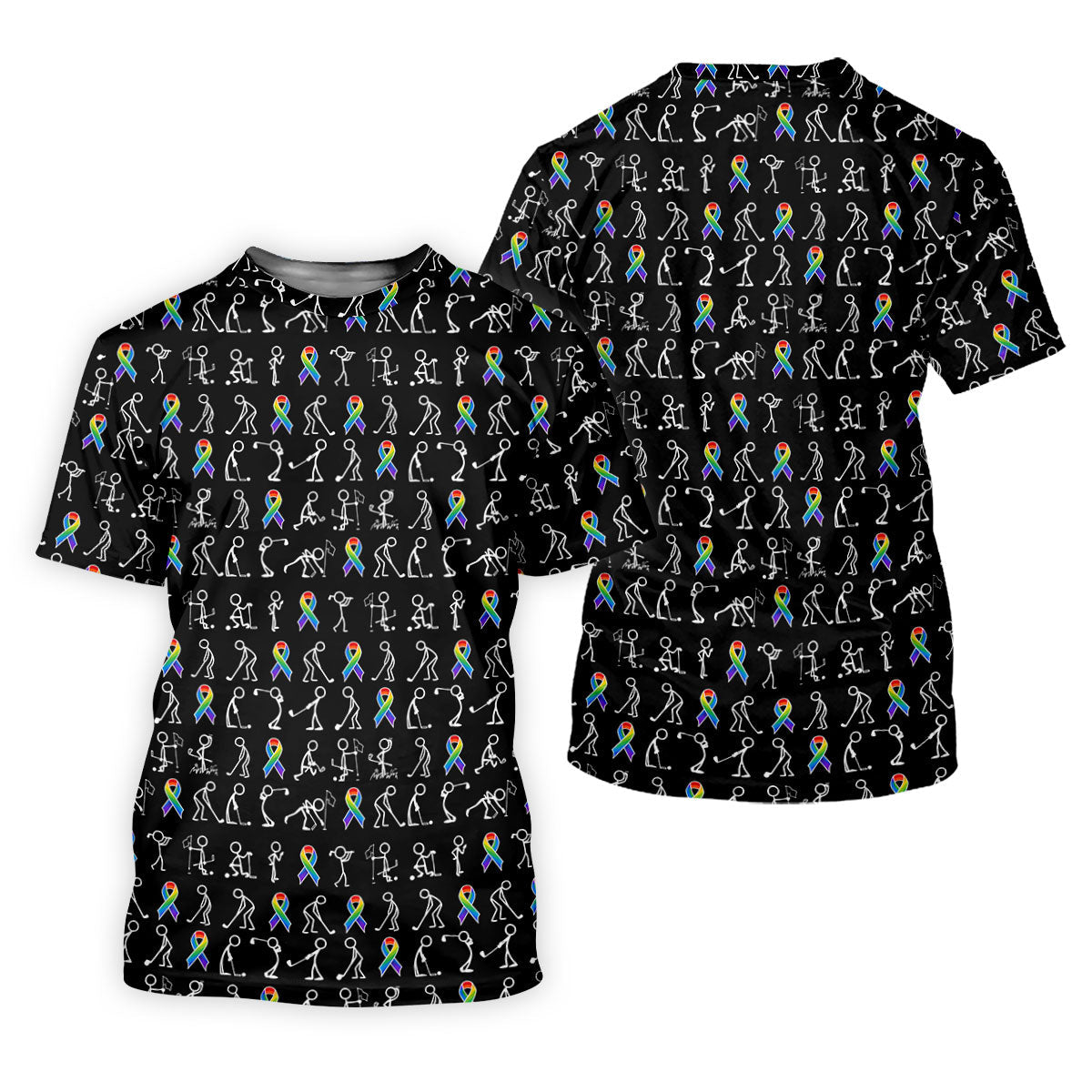 Rainbow Cancer Ribbon Stick Figure Golf Pattern Shirt, Printed Golf Shirts, Polo Shirts For Men