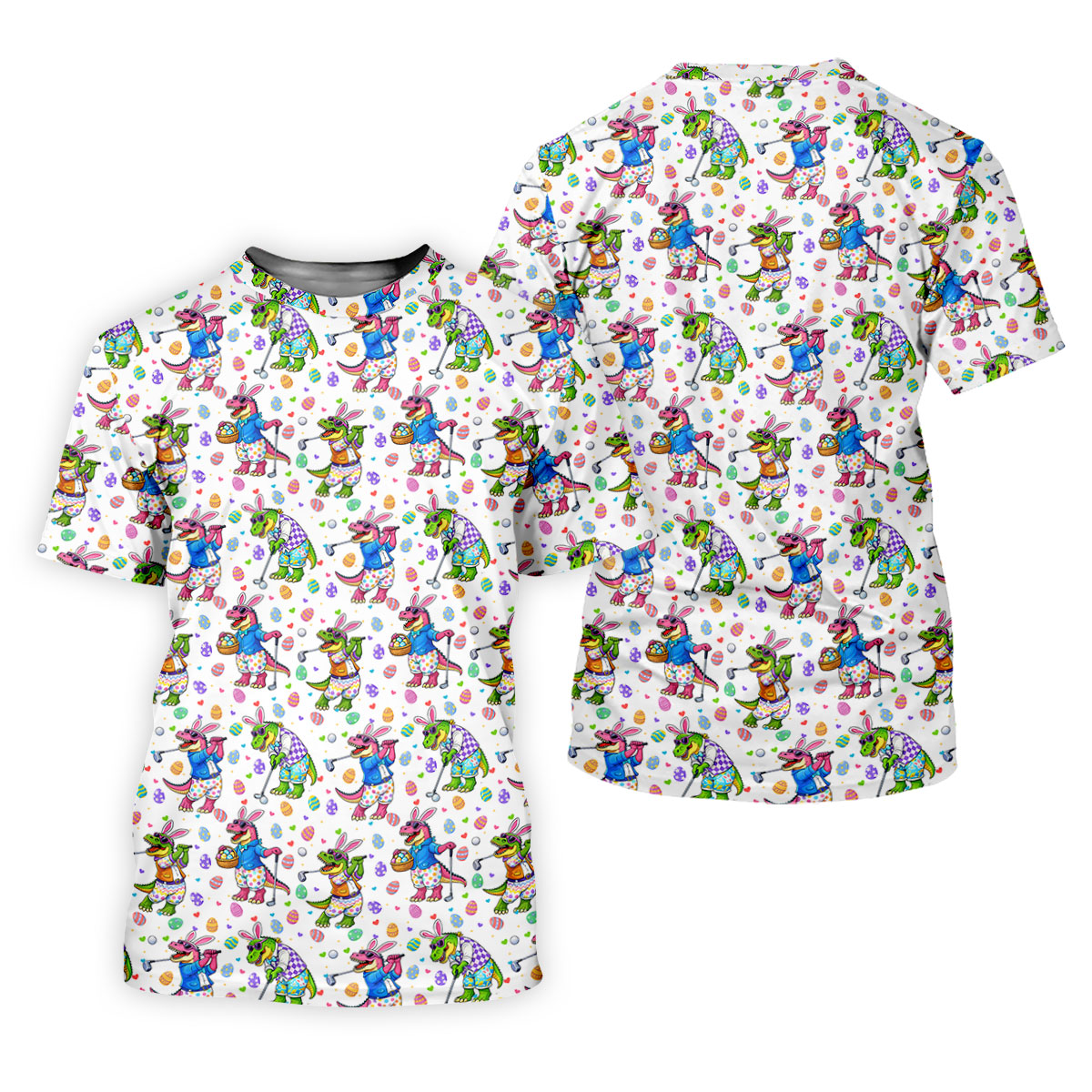 Easter Dinosaur Gradient Pattern Men's Funny Golf Shirts, Golf Shirts For Men, Polo Shirts For Men