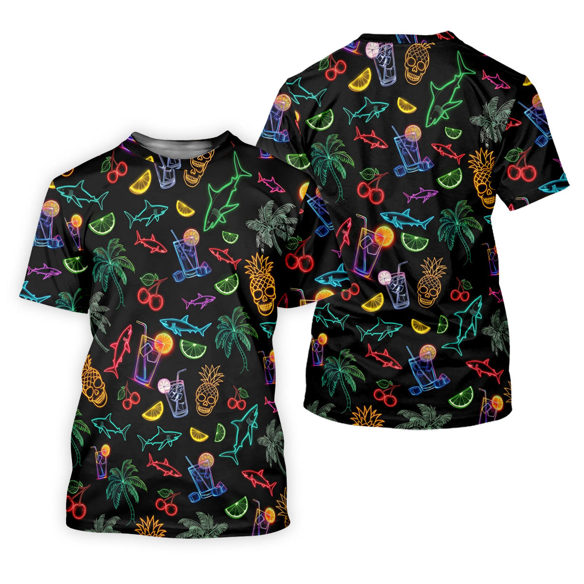 Neon Shark And Cocktail Pattern Hawaiian Golf Shirt, Women's Golf Tops, Ladies Golf Shirts