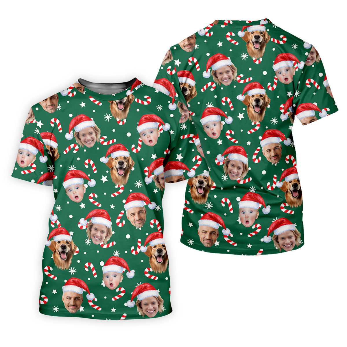 Custom Face Candy Cane Pattern Green Golf Shirt, Christmas Golf Shirt, Polo Shirts For Men, Golf Gift For Men