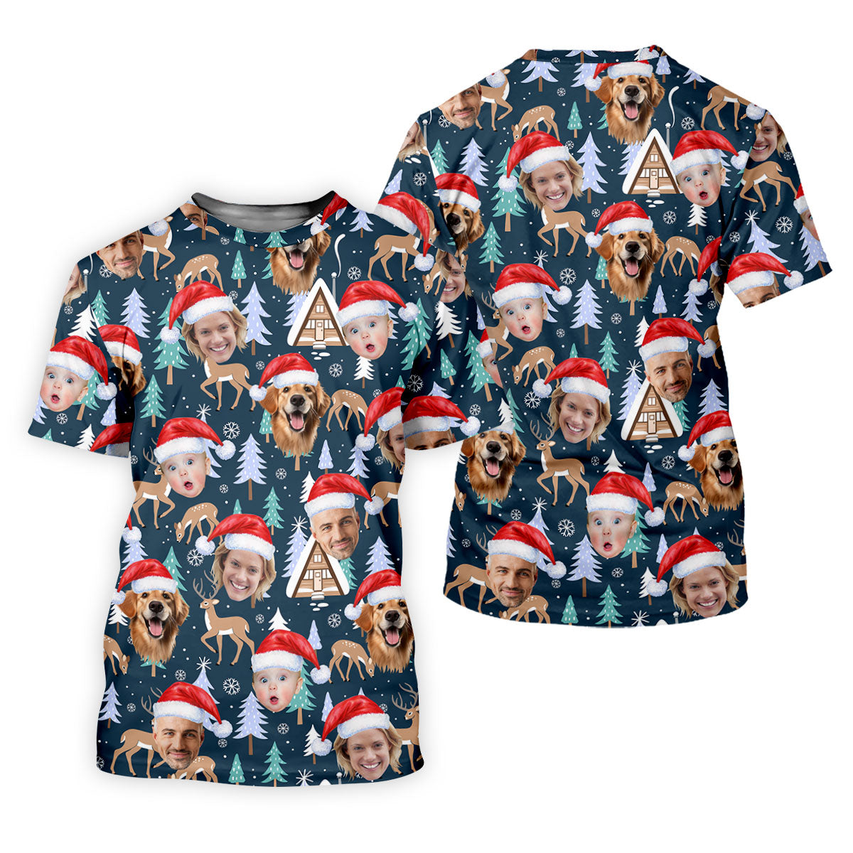 Custom Face Pine Tree Reindeer Dark Teal Green Christmas Golf Shirt, Golf Shirts For Men, Golf Gift For Men