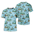 Green Alien Riding Waves on Tropical Island Beach Hawaiian Golf Polo, Golf Tops For Men, Golfing Apparel