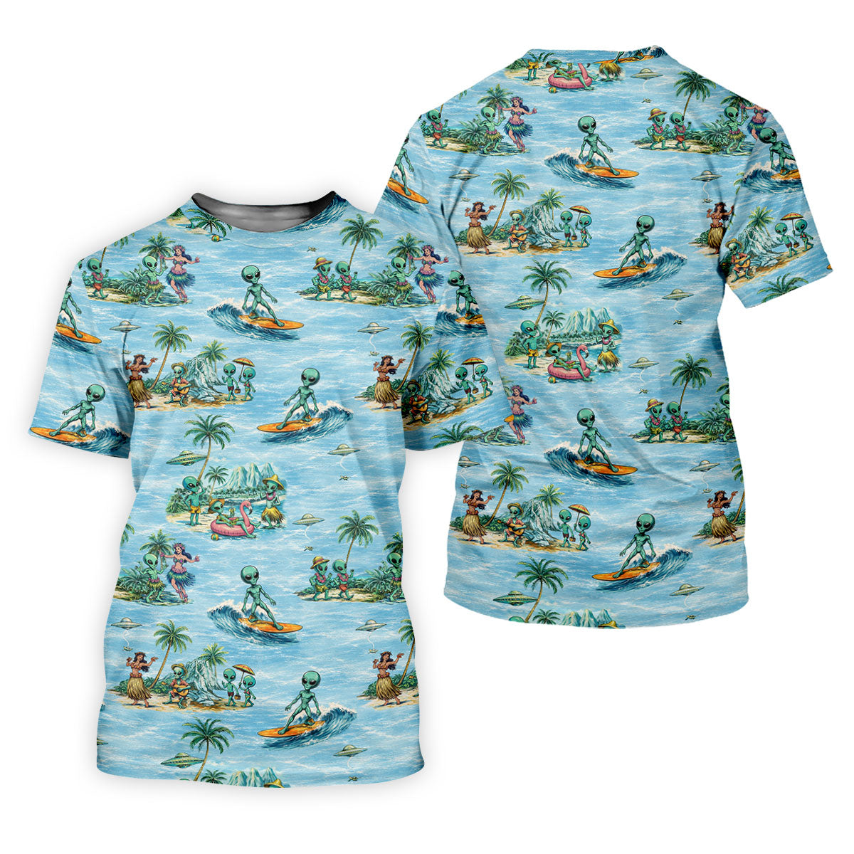 Green Alien Riding Waves on Tropical Island Beach Hawaiian Golf Polo, Golf Tops For Men, Golfing Apparel