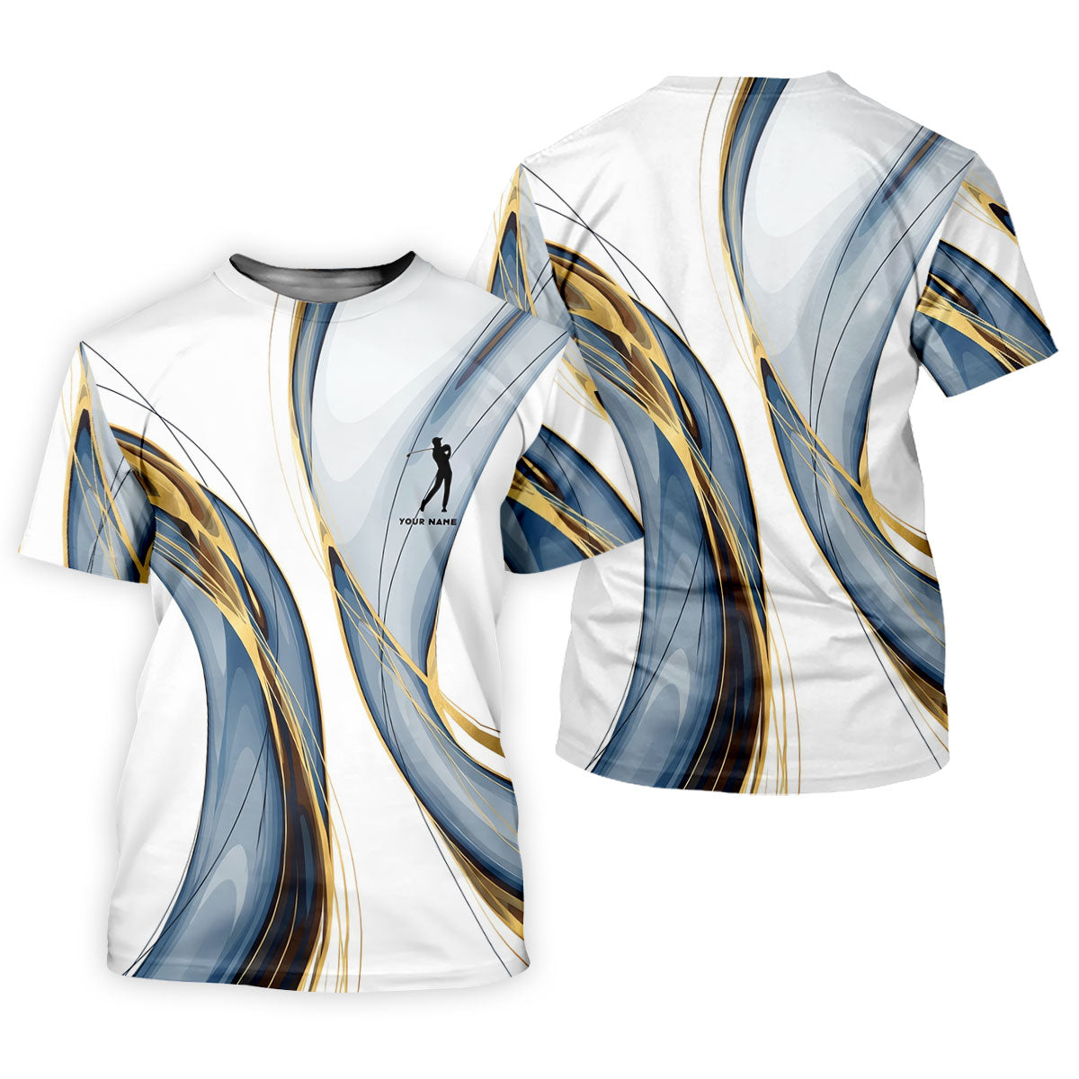 Elegant Blue Gray and Gold Swirl Pattern Hawaiian Golf Polo, Golf Tops For Men, Golfing Apparel