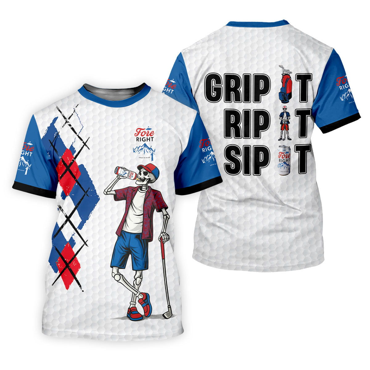 Fore Right Funny Skeleton Golf And Beer Red White Men's Funny Golf Shirts, Polo Shirts For Men