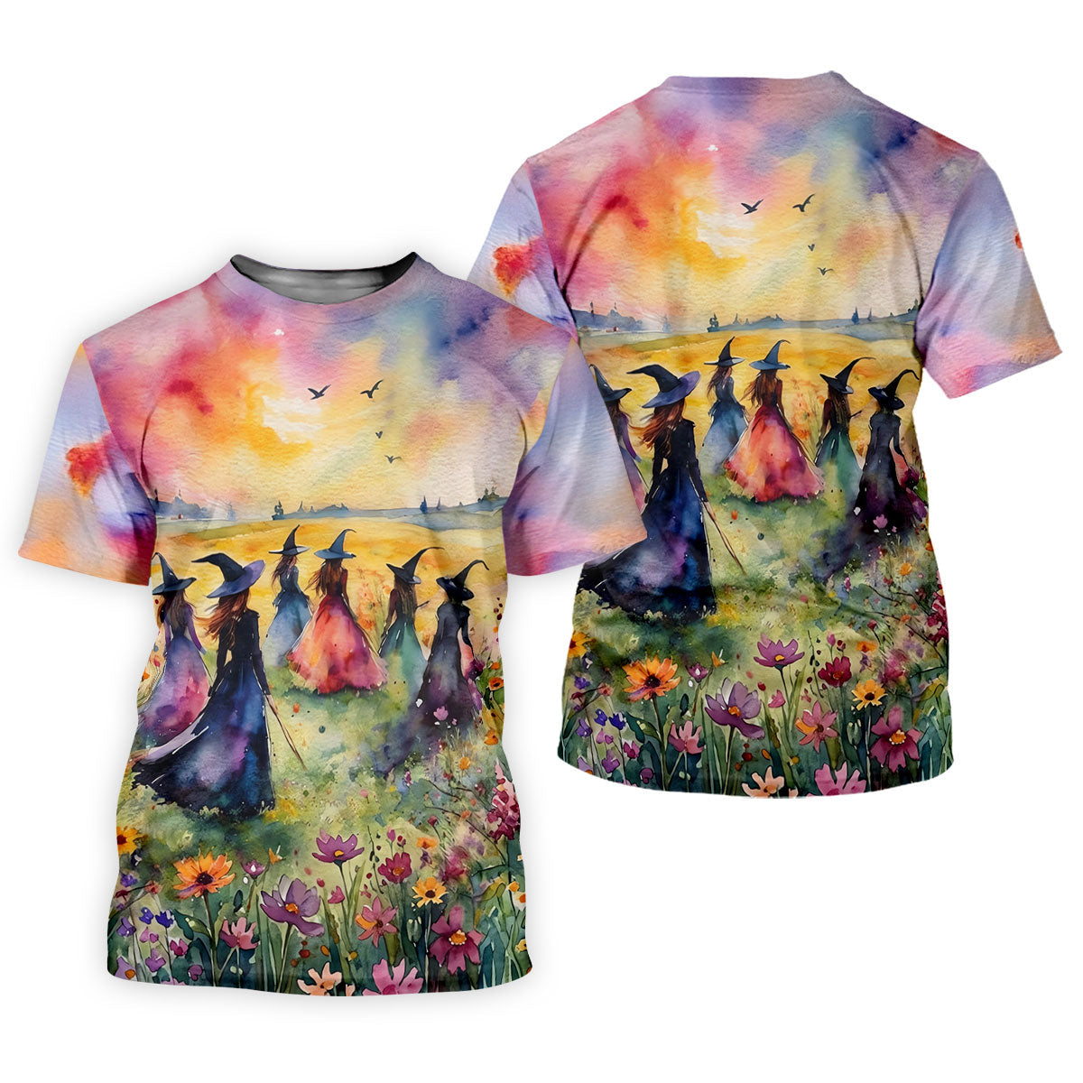 Watercolor Witch Gathering Halloween Golf Polo Shirt, Printed Golf Shirts, Golf Polo Shirts For Men