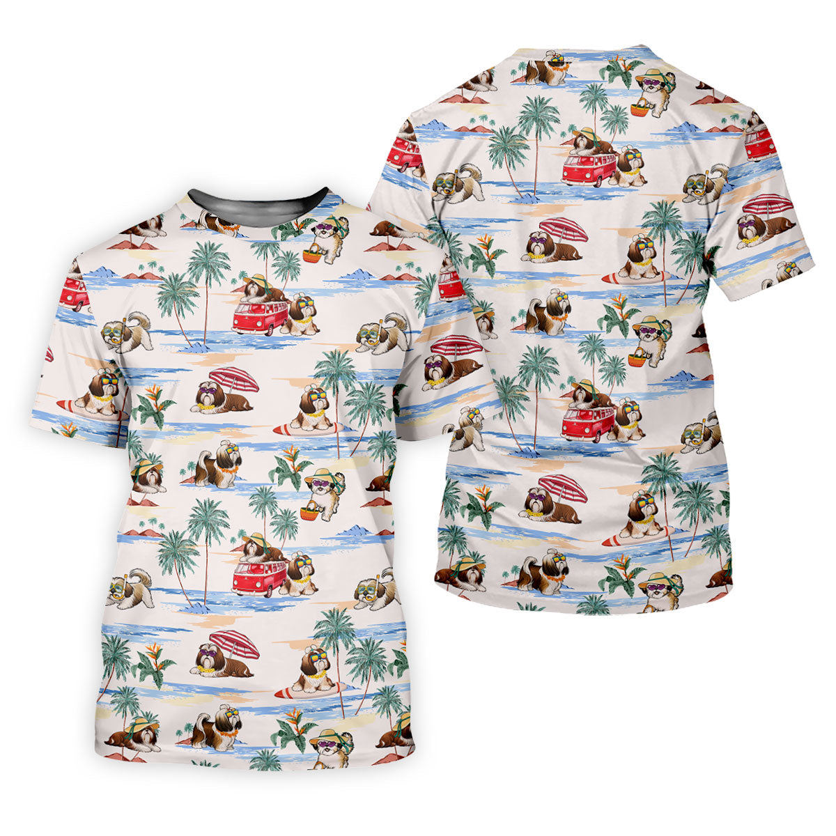 Beach Vacation Shih Tzu Print Hawaiian Golf Polo, Golf Tops For Men, Golfing Apparel