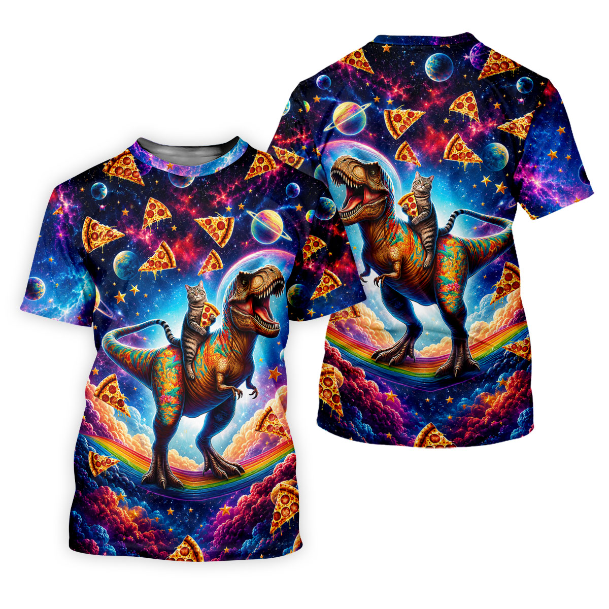 Pizza Space Cat Rainbow Dinosaur Hawaiian Golf Shirt, Women's Golf Tops, Ladies Golf Shirts