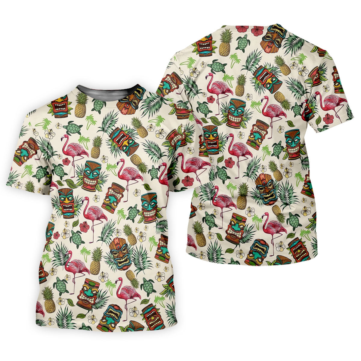 Tiki Masks, Flamingo and Island Paradise Pattern Design Hawaiian Golf Polo, Golf Tops For Men, Golfing Apparel