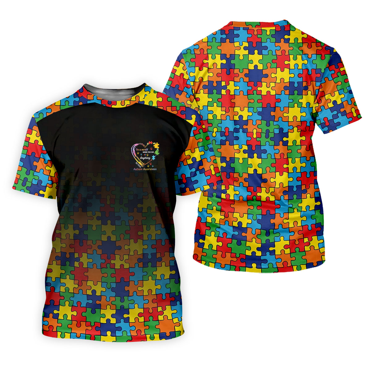 In A World Where You Can Be Anything Be Kind Autism Awareness Puzzle Pattern Black Fade Men's Golf Shirt
