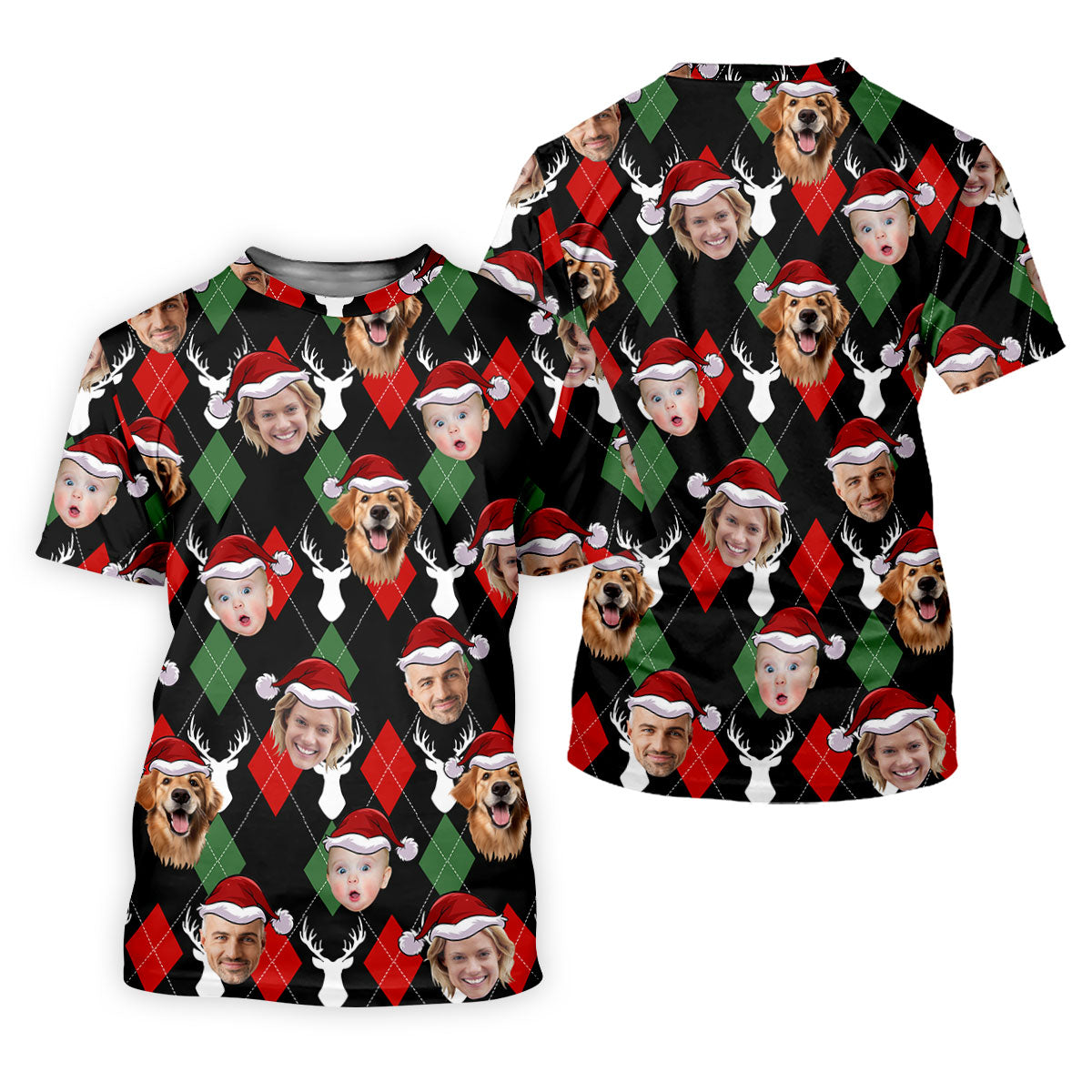 Custom Face Red And Green Argyle Pattern Christmas Women's Golf Tops, Ladies Golf Shirts, Christmas Golf Gift