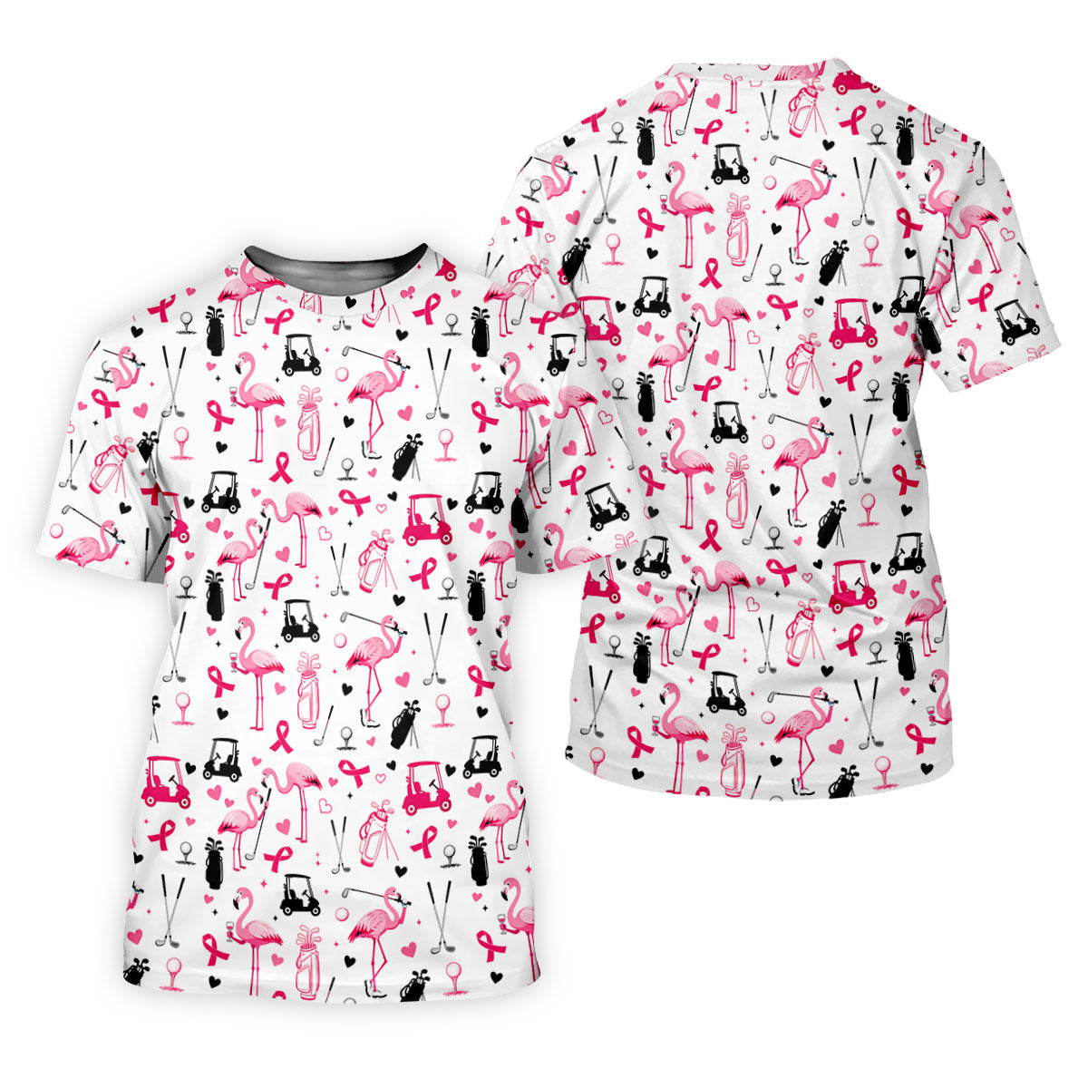 Pink Flamingo Golf Pattern Breast Cancer Polo Shirt, Ladies Golf Top, Women’s Golf Polo