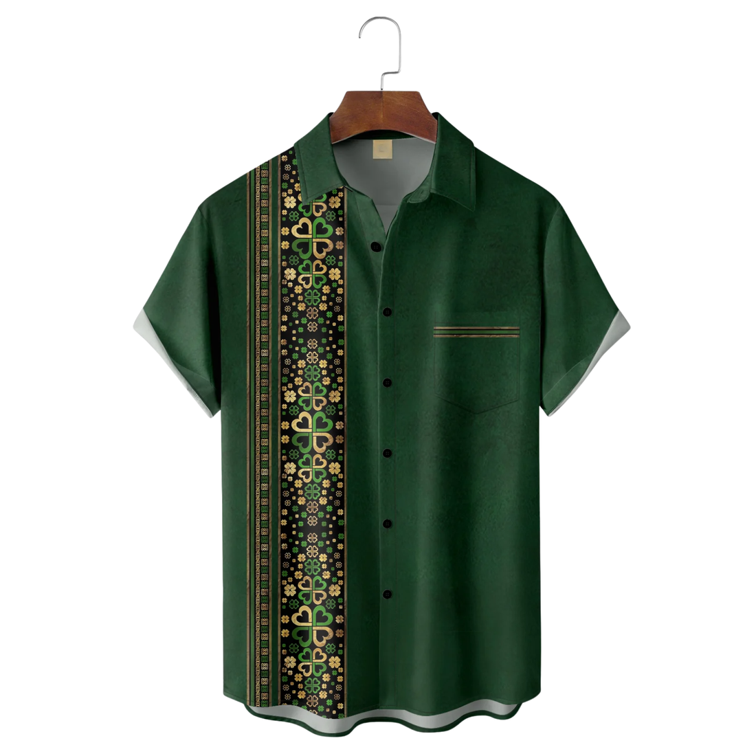 St. Patrick's Day Four Leaf Clover Stripe Green And Gold Hawaiian Golf Shirt,  Men's Golf Shirt