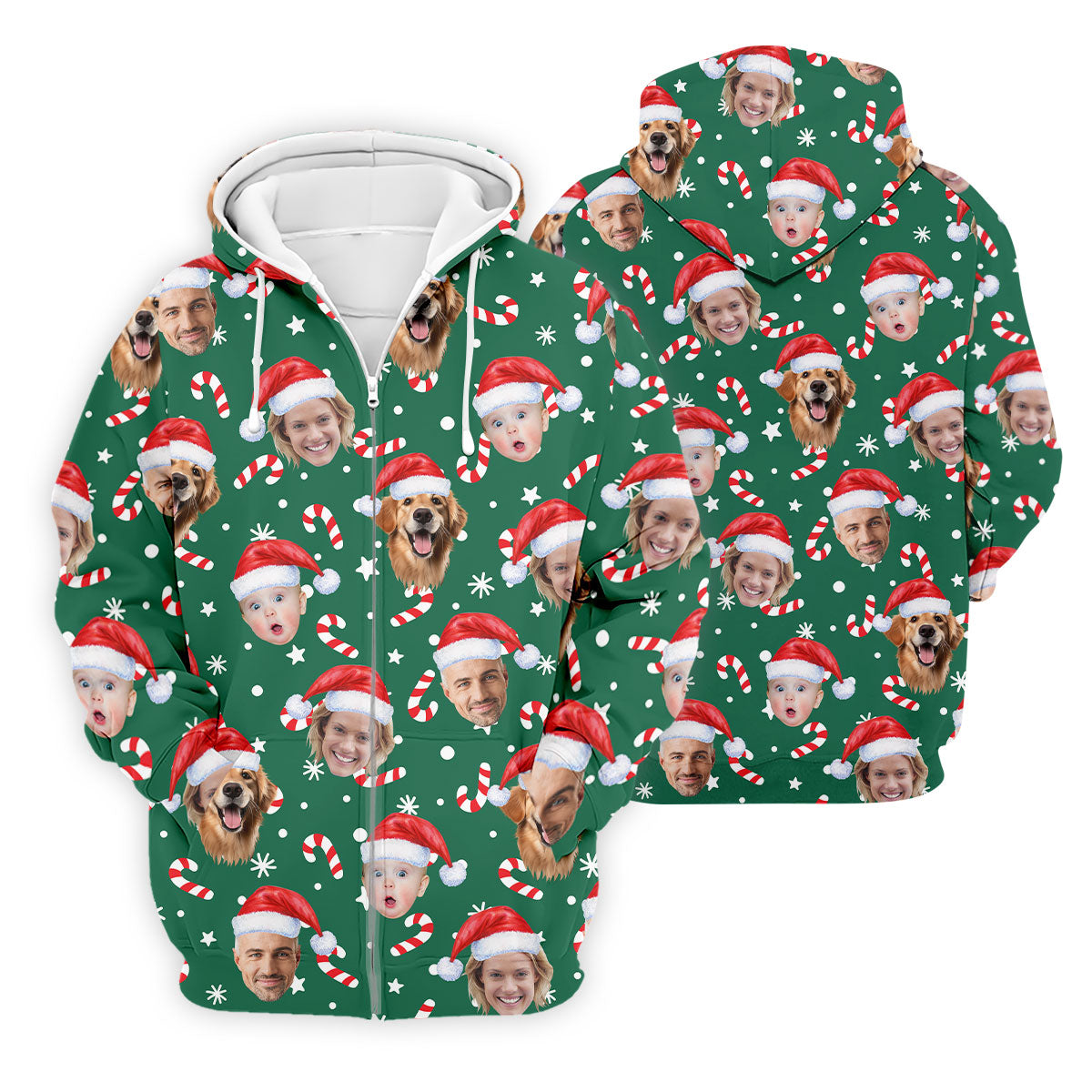 Custom Face Candy Cane Pattern Green Golf Shirt, Christmas Golf Shirt, Polo Shirts For Men, Golf Gift For Men