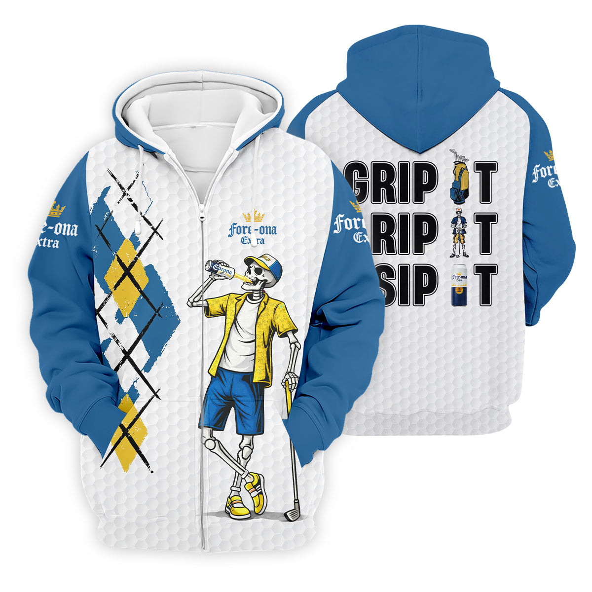 Fore-Ona Extra Blue Yellow Skeleton Golfer Beer Polo Shirt, Mens Golf Polo, Golf Apparel For Men