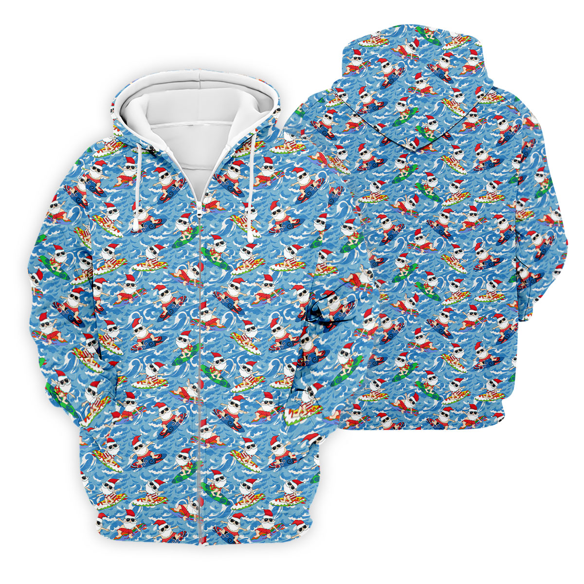 Surfing Santa Christmas Ocean Pattern Polo Shirt, Mens Golf Polo, Christmas Golf Shirt