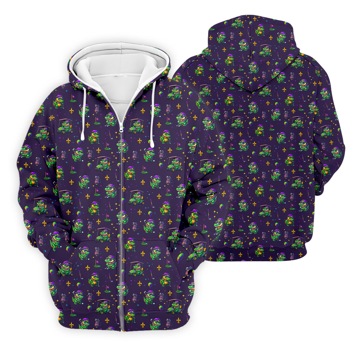 Funny Crocodile Mardi Gras Golf Shirts, Purple Golf Shirt, Golf Gift For Men, Golf Shirts For Men