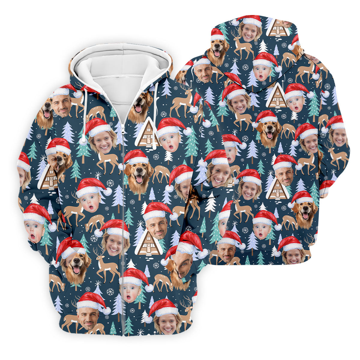 Custom Face Pine Tree Reindeer Dark Teal Green Christmas Golf Shirt, Golf Shirts For Men, Golf Gift For Men