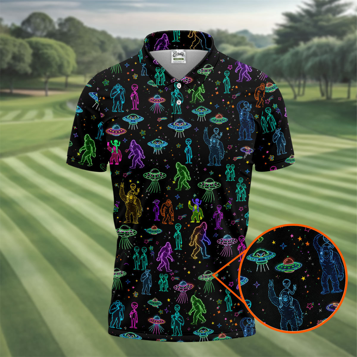 Neon Bigfoot Alien UFO Pattern Golf Polo Shirt, Men's Golf Shirt, Printed Golf Shirts