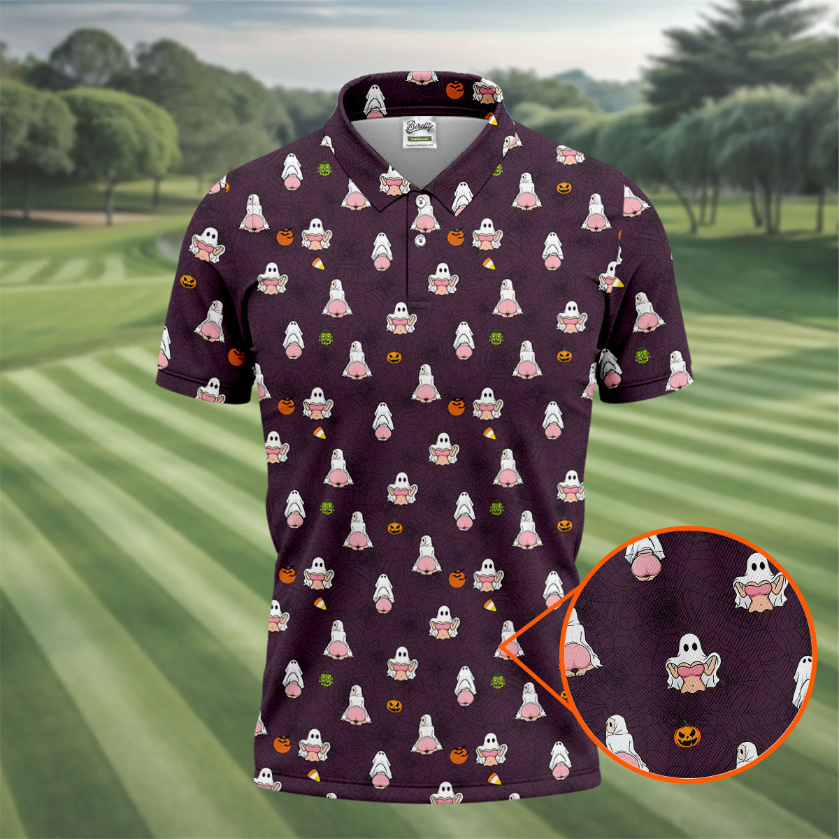 Cute Ghost Butt Halloween Pattern Golf Polo Shirt, Mens Golf Polo, Printed Golf Shirts
