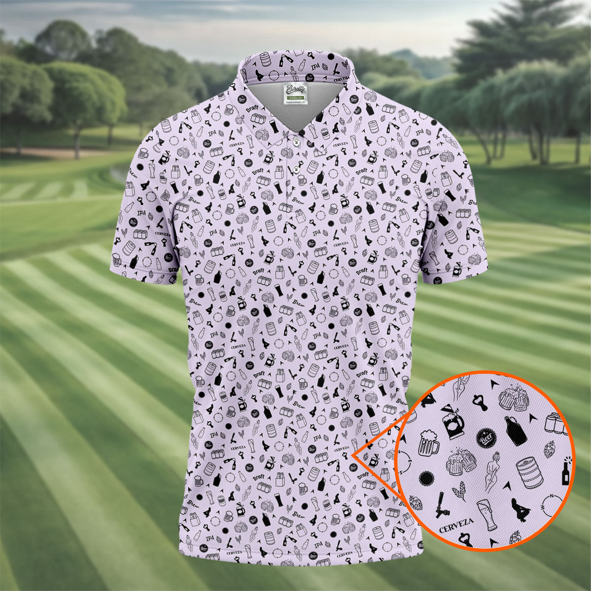 Light Purple Beer Brewing Icons Pattern Polo Shirt, Golf Apparel For Men, Printed Golf Shirts