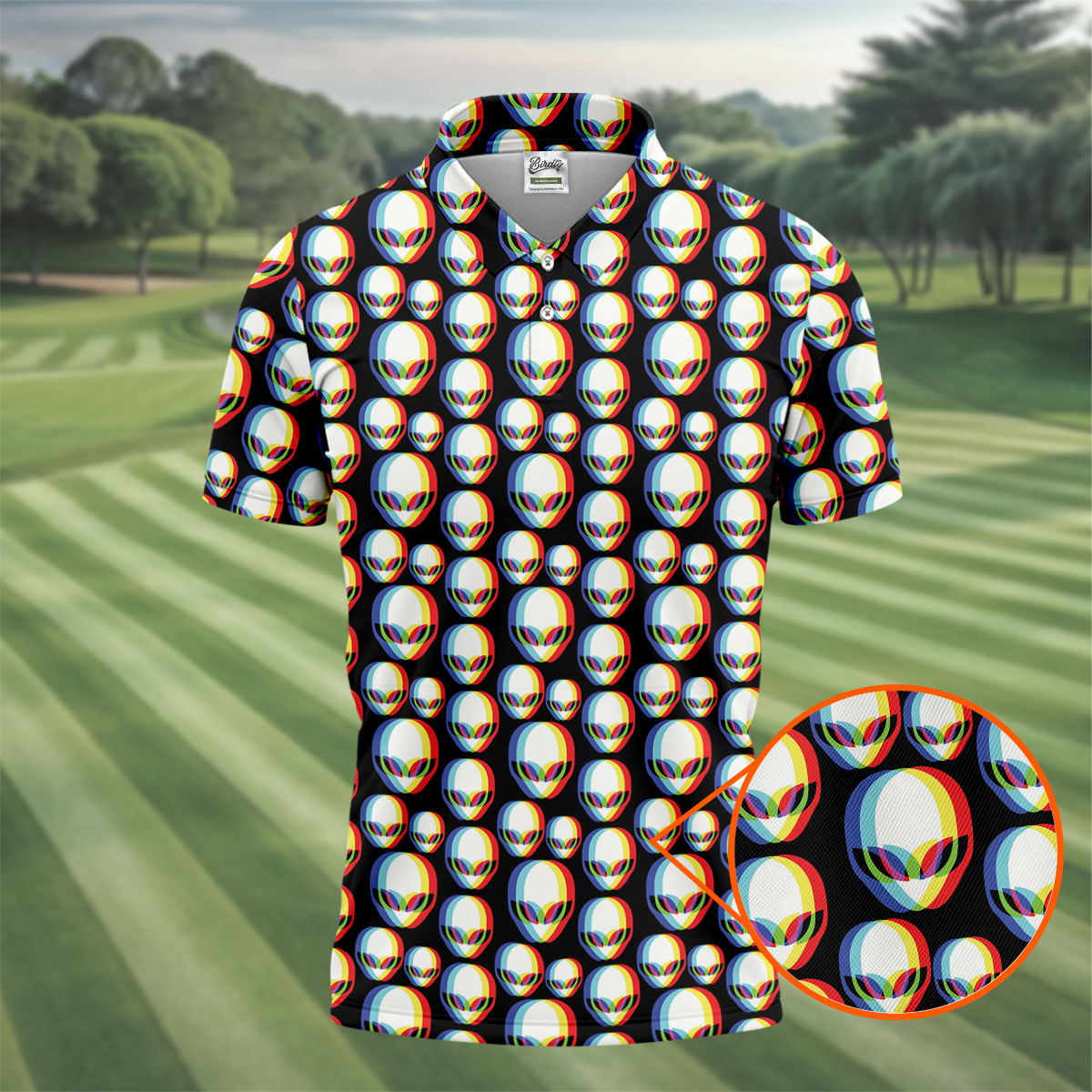 Retro Alien Head Pattern Golf Shirt, Men’s Golf Shirt, Golf Polo Shirts For Men