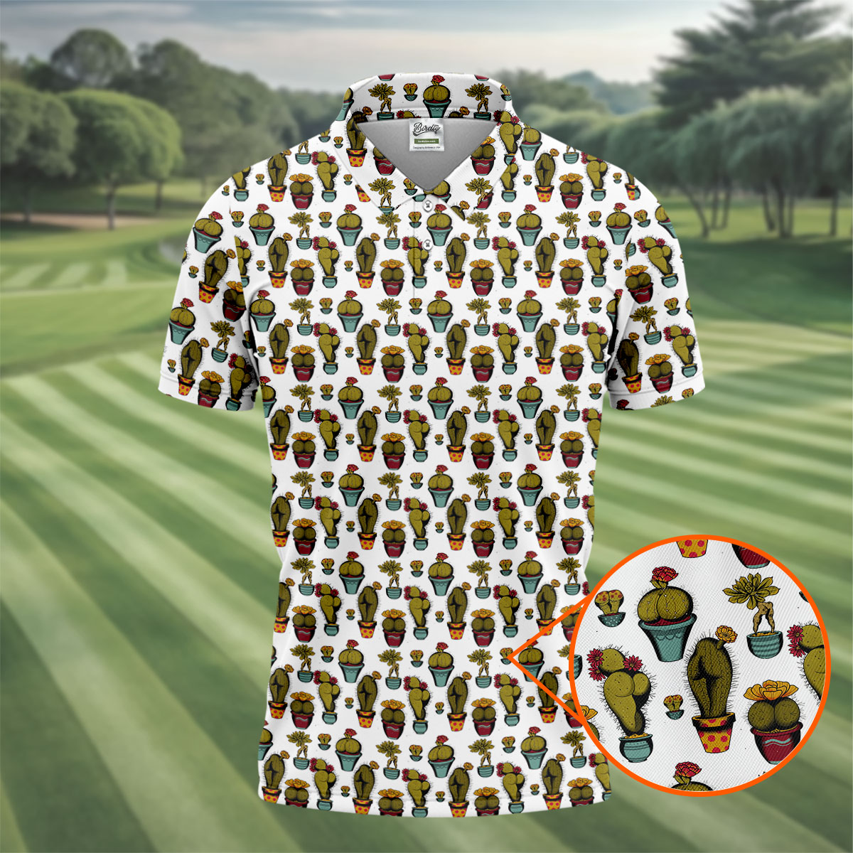 Funny Potted Cactus Pattern Men's Golf Polo Shirt, Adult Humor Golf Apparel For Men, Printed Golf Shirts