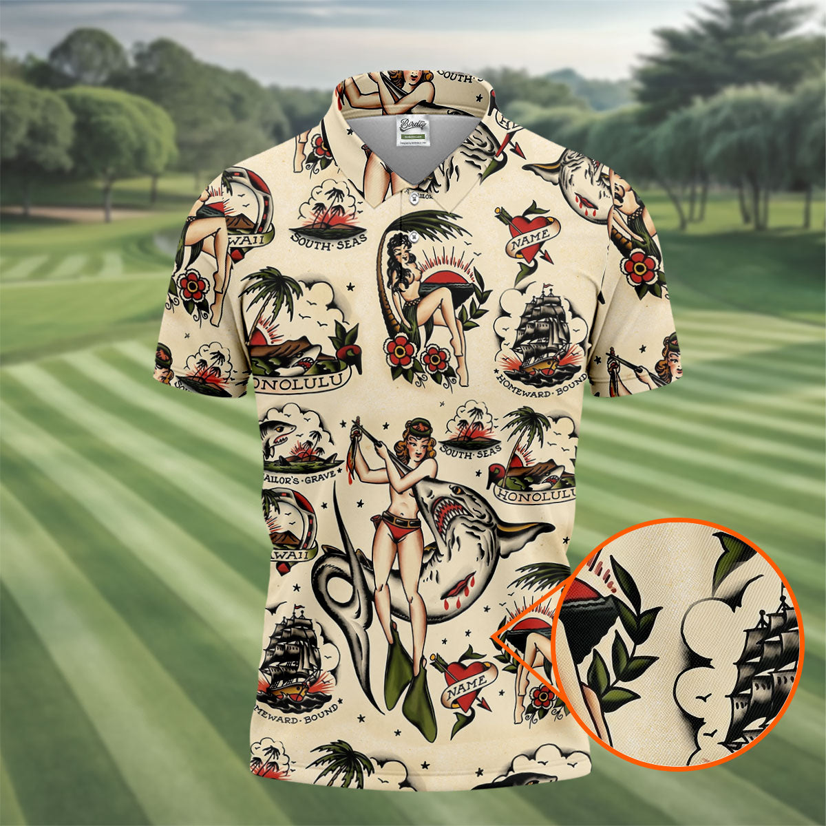 Vintage Hawaiian Pin Up Shark Tattoo Golf Shirt, Hawaiian Golf Shirt, Mens Golf Apparel