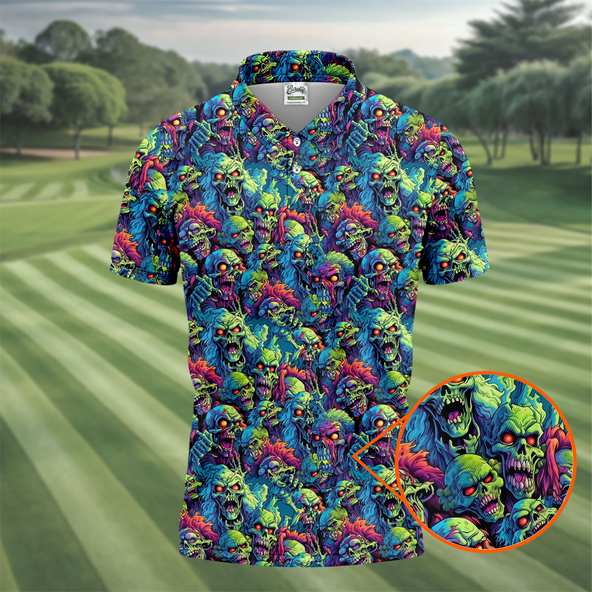Colorful Zombie Head Pattern Halloween Golf Polo Shirt, Mens Golf Polo, Golf Shirts For Men