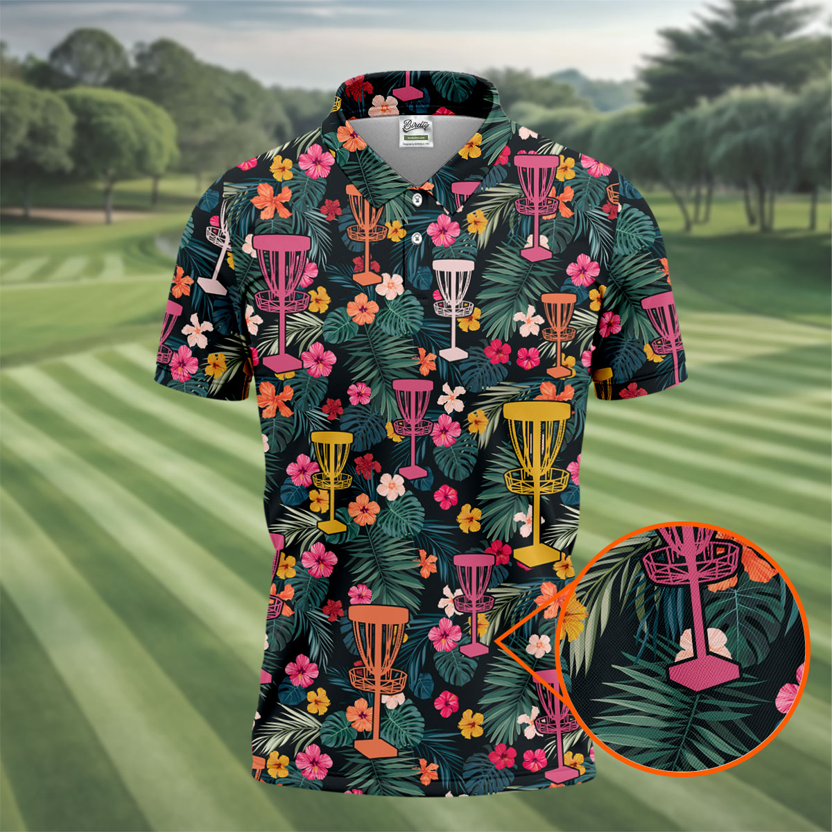 Dark Tropical Disc Golf Basket Polo Shirt, Printed Golf Shirts, Golf Apparel For Men