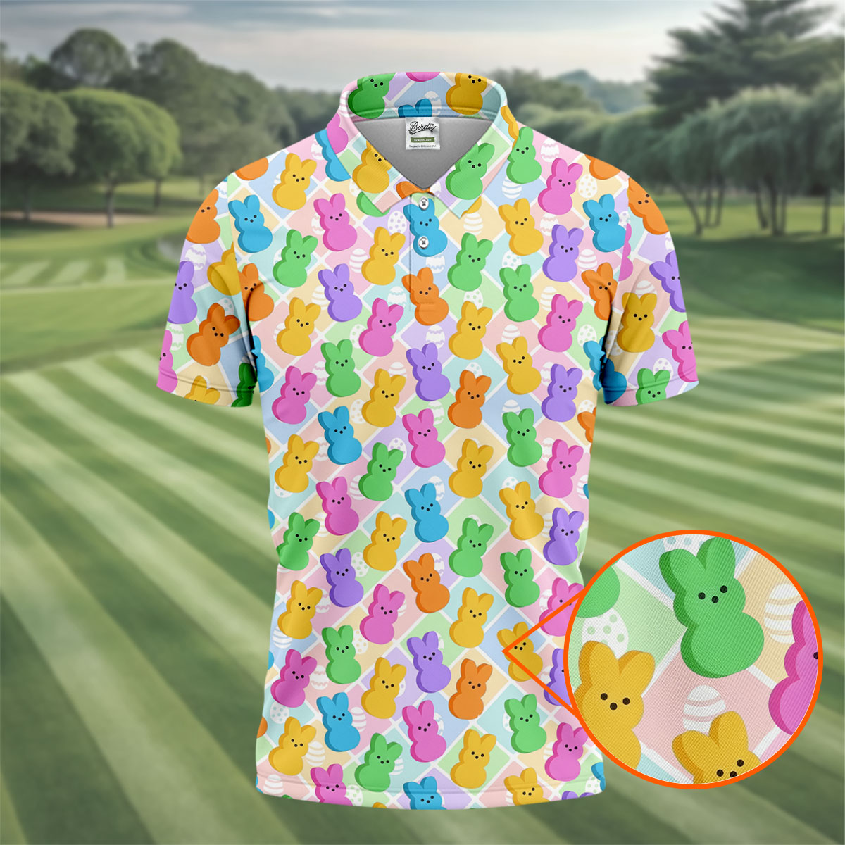 Pastel Easter Peeps Colorful Checkered Golf Shirts For Men, Cute Golf Outfit, Polo Shirts For Men