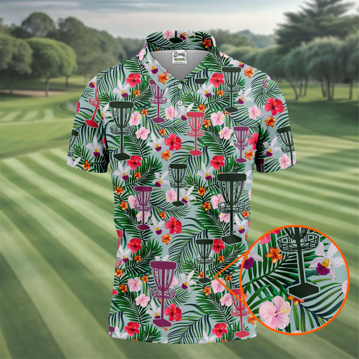 Tropical Disc Golf Basket Floral Polo Shirt, Hawaiian Golf Shirt, Golf Polo Shirts For Men