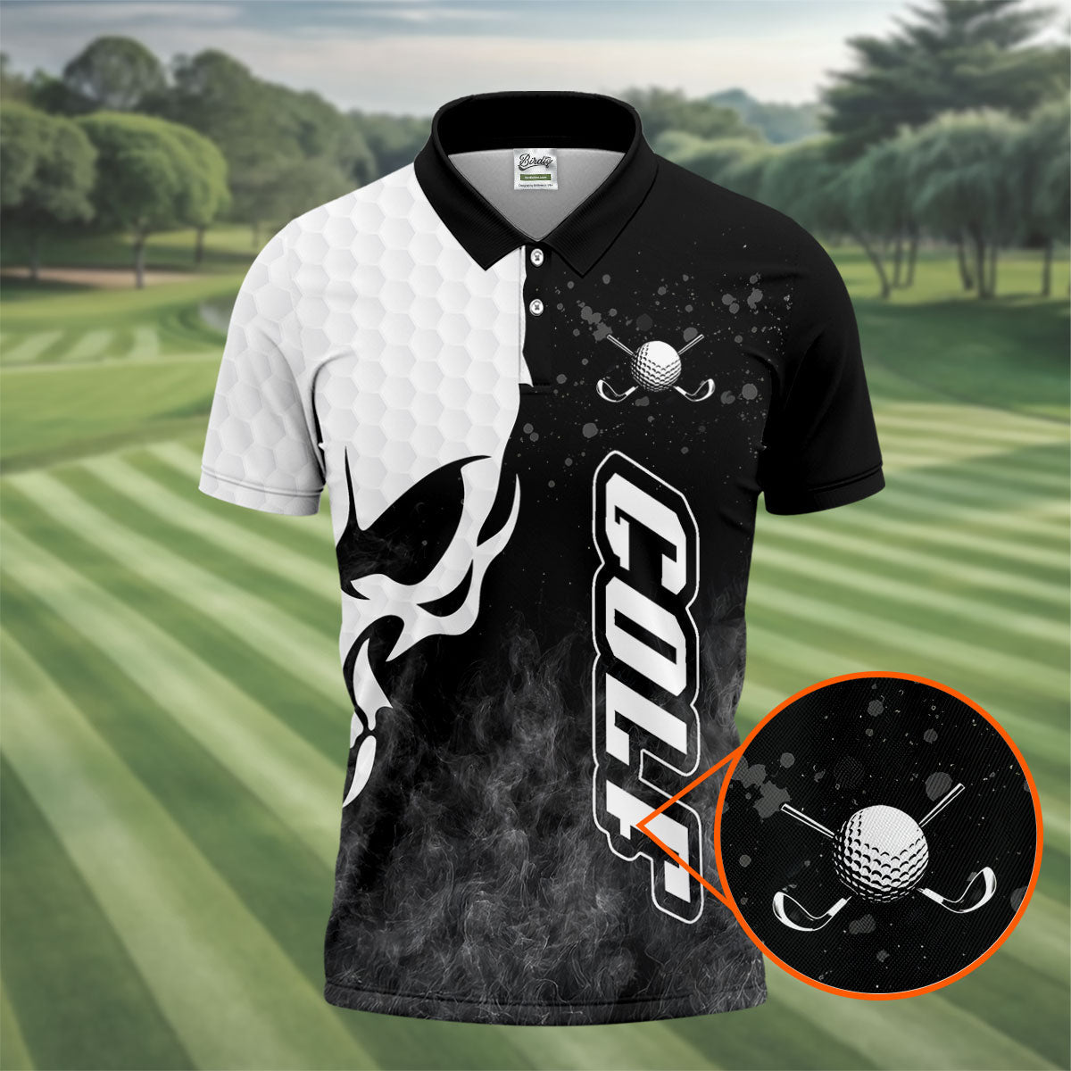 Monochrome Skull Golf Ball Graphic Golf Shirt, Mens Golf Polo, Printed Golf Shirts