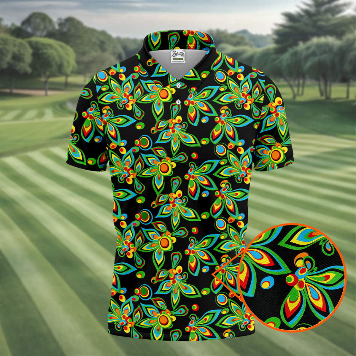 Black Colorful Floral Geometric Pattern Golf Shirt, Men's Golf Shirt, Golf Apparel For Men, Polo Shirts For Men