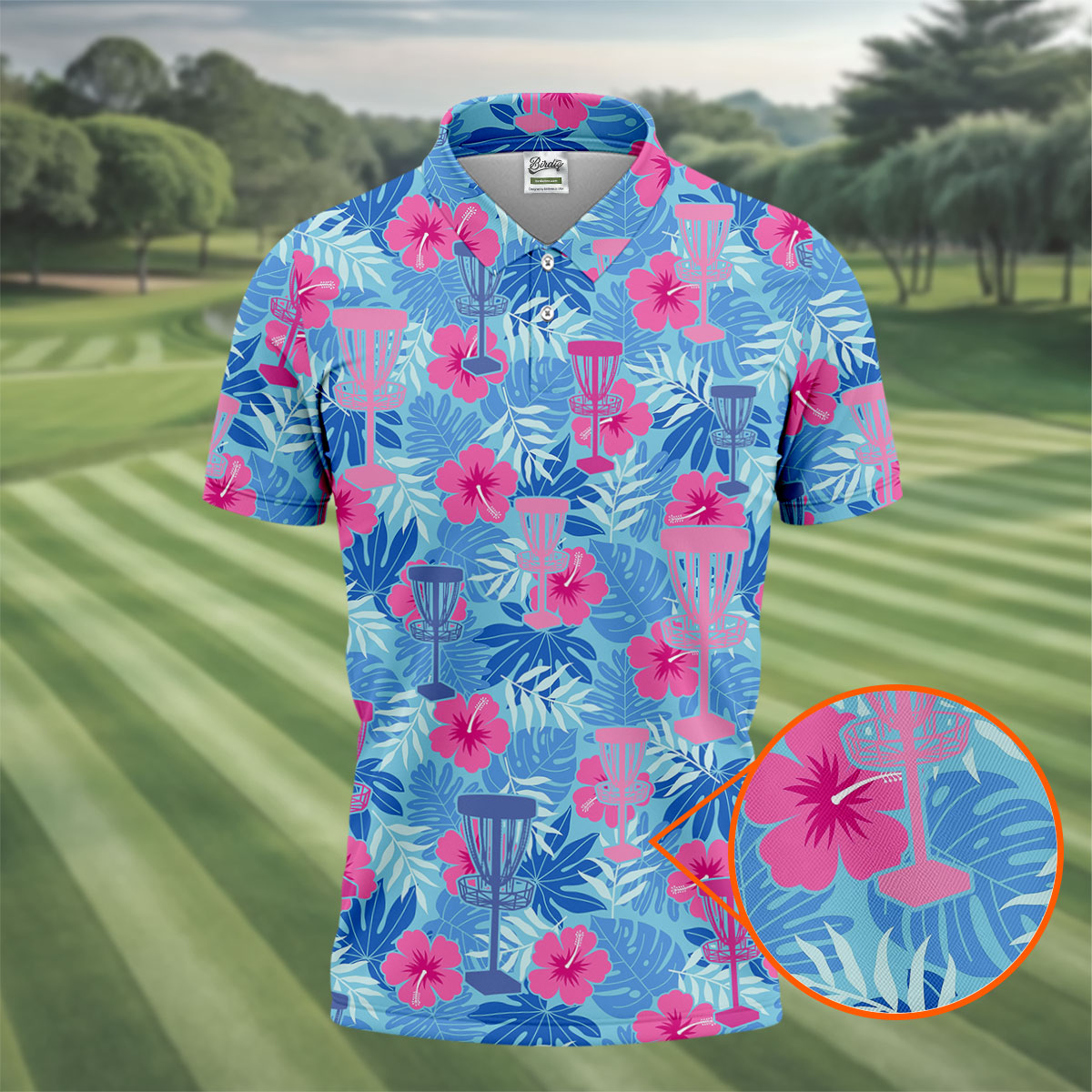 Blue Hibiscus Disc Golf Polo Shirt, Hawaiian Golf Shirt, Mens Golf Shirts