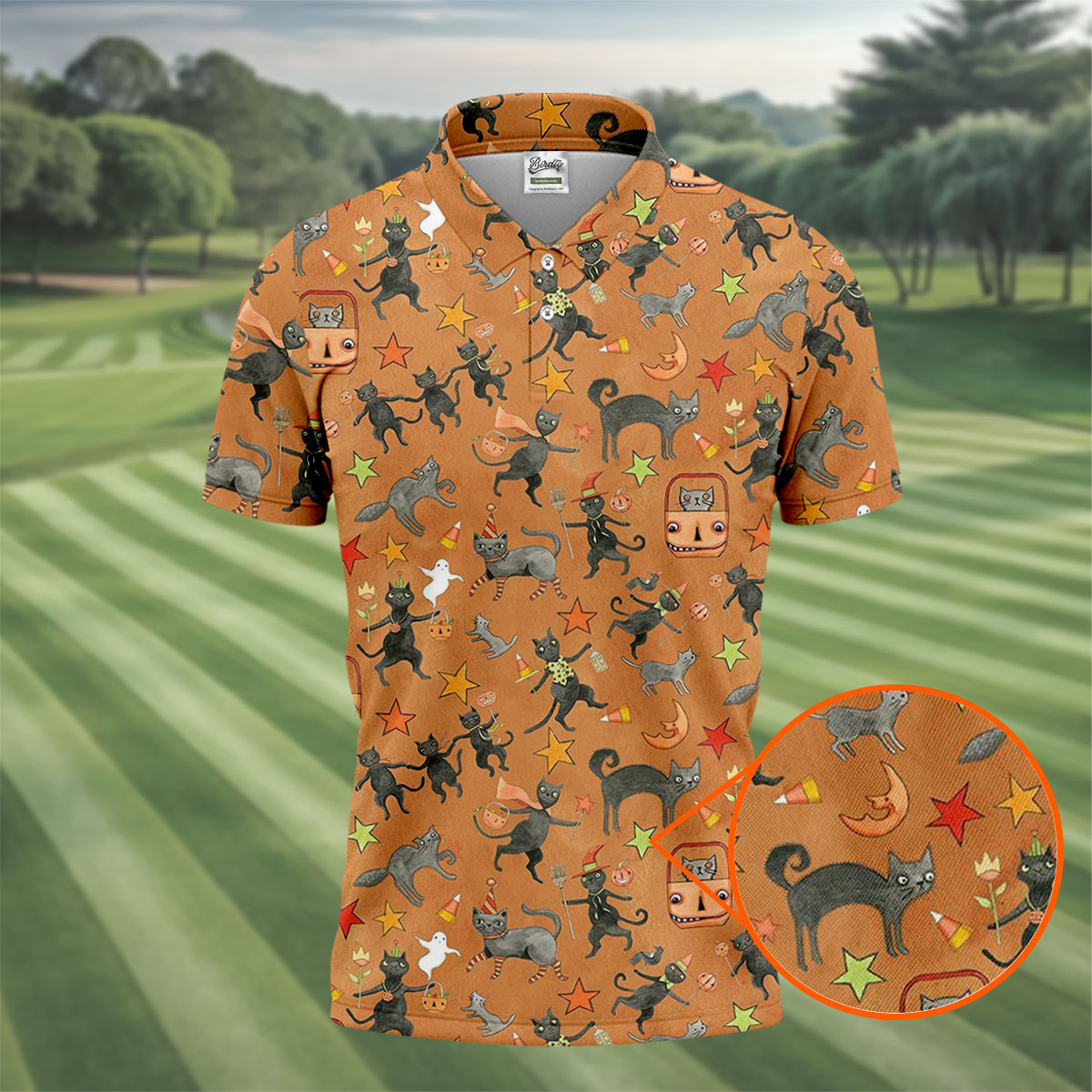 Vintage Black Cat Halloween Pattern Polo Shirt, Mens Golf Polo, Golf Apparel For Men