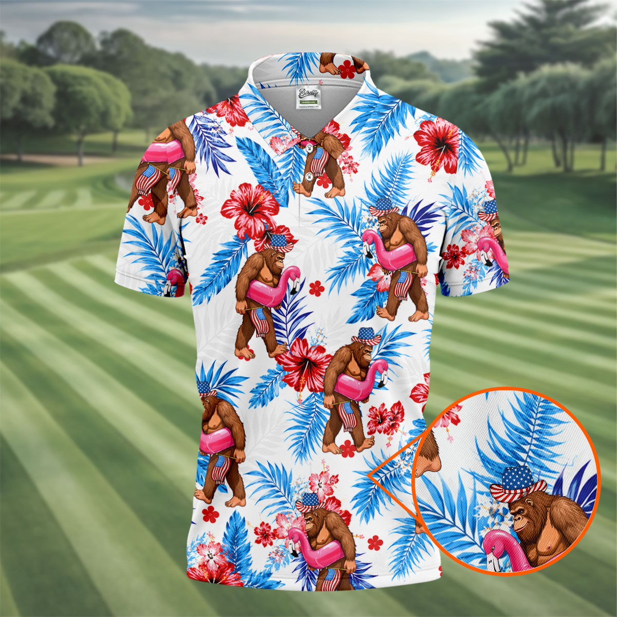 Bigfoot Flamingo Float Tropical Hawaiian Golf Shirt, Hawaiian Golf Shirt, Mens Golf Shirts